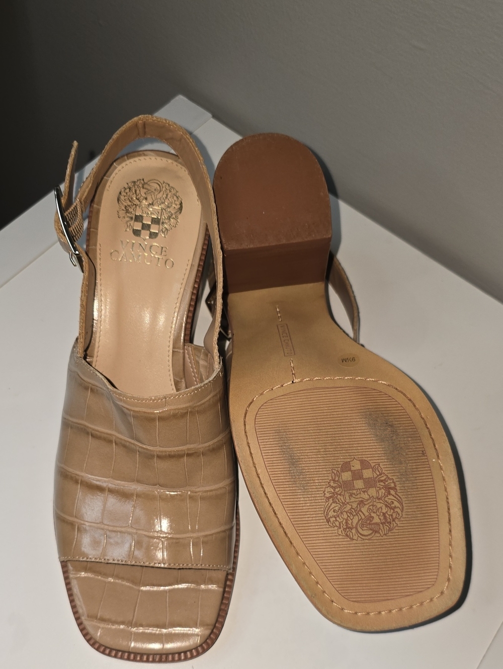 Vince Camuto Neutral Beige Croc-Embossed Slingback Mules